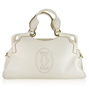 Authentic Vintage Cartier Marcello Handbag, White color Leather w/Card case